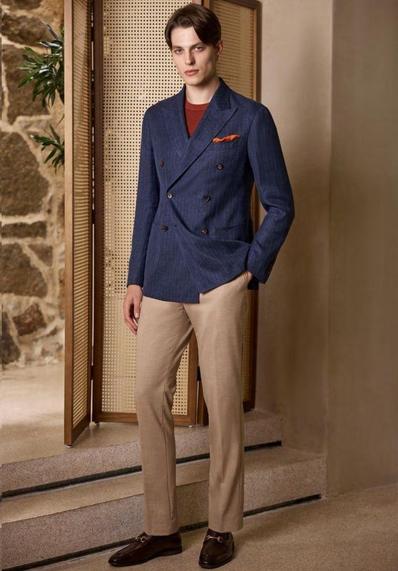 Tailored Blue Linen-Wool Double-Breasted Jacket &amp; Beige Trousers