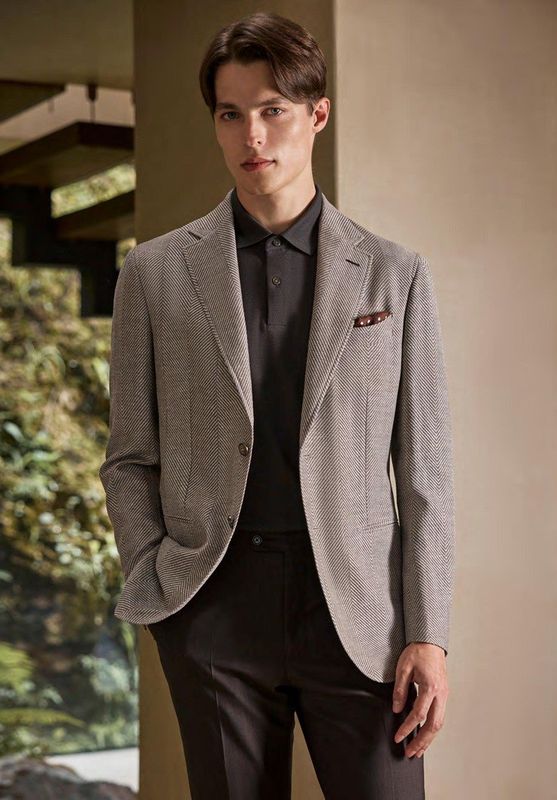 Taupe Herringbone Blazer with Dark Brown Trousers