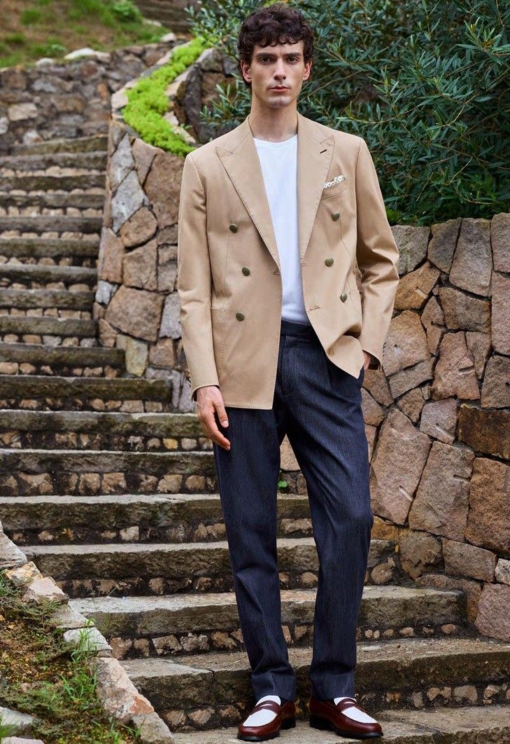 Sand Cotton Blazer with Denim Effect Trousers