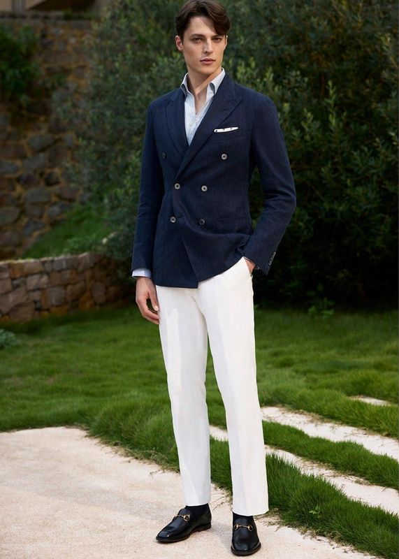 Navy Herringbone Double-Breasted Blazer &amp; Ivory Trousers