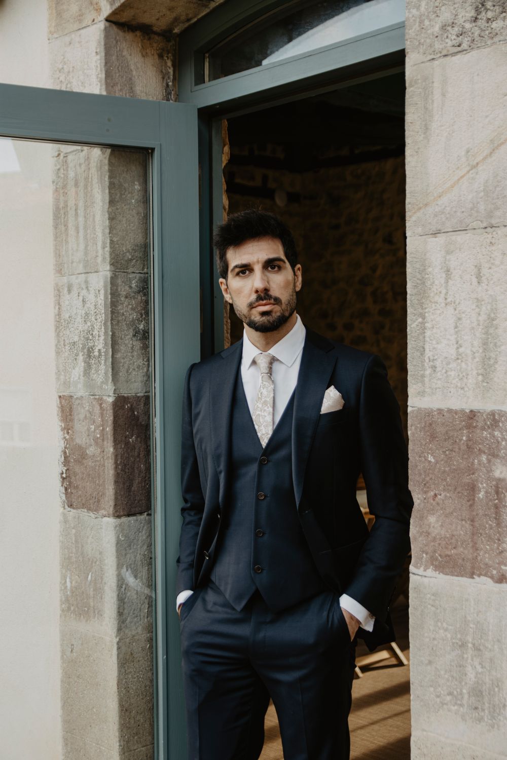 Navy Blue Three-Piece Wool Suit for Wedding Guest