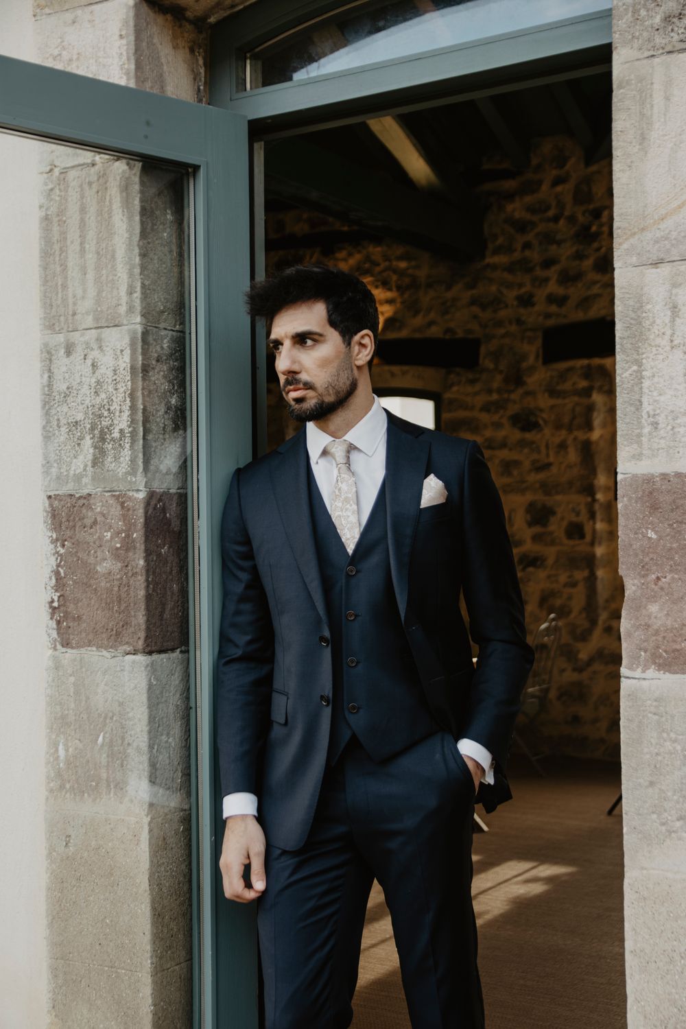 Navy Blue Three-Piece Wool Suit for Wedding Guest