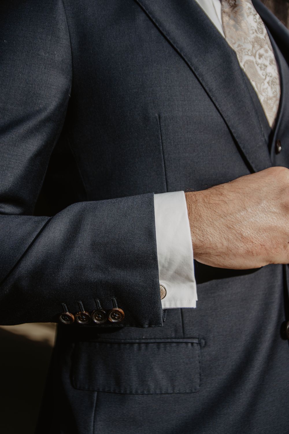 Navy Blue Three-Piece Wool Suit for Wedding Guest
