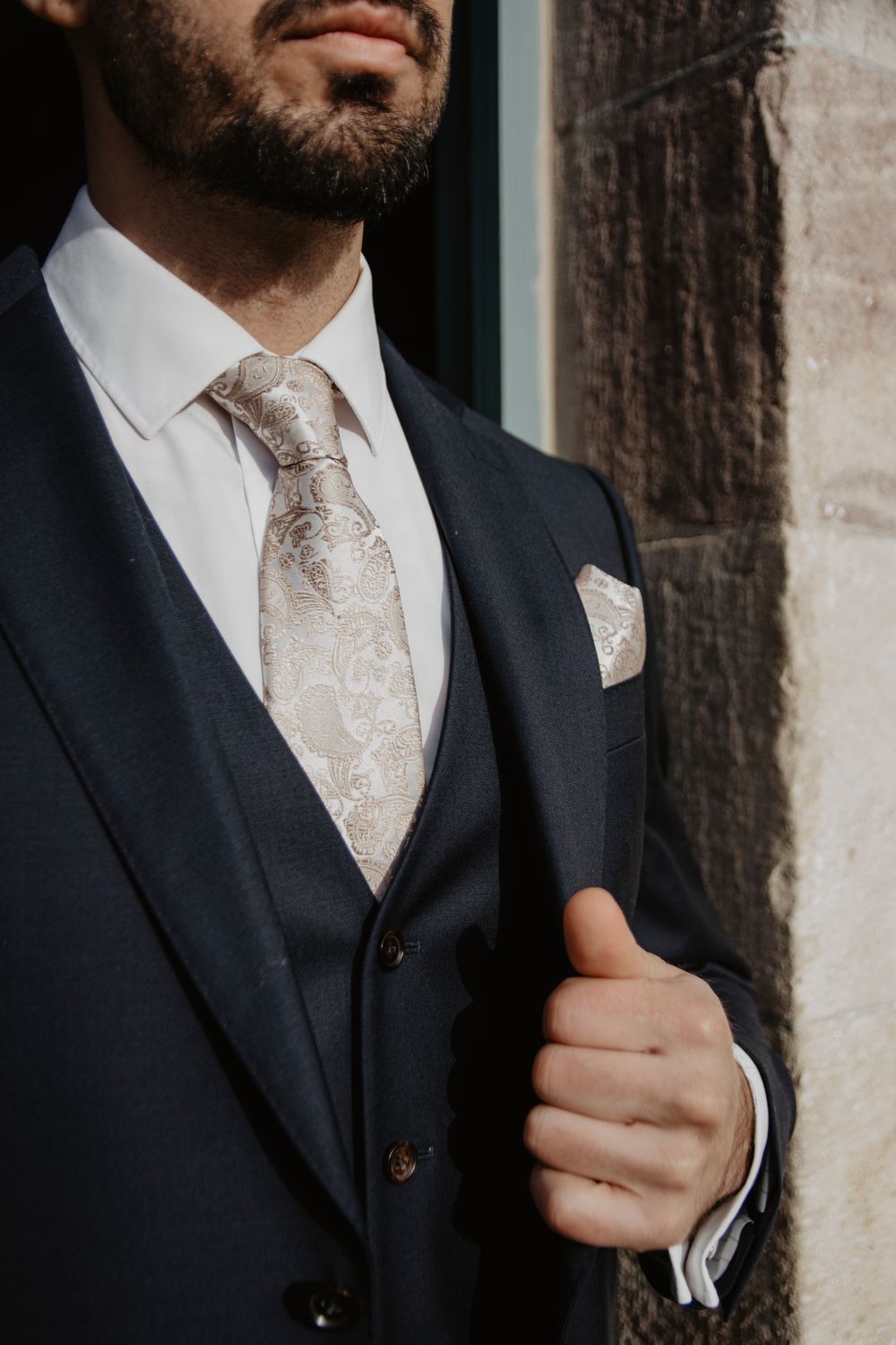 Navy Blue Three-Piece Wool Suit for Wedding Guest