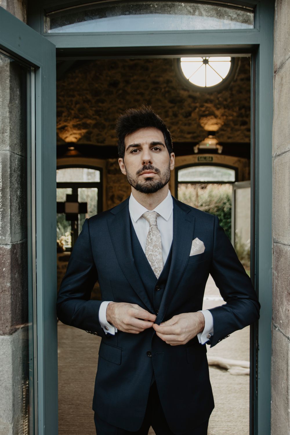 Navy Blue Three-Piece Wool Suit for Wedding Guest