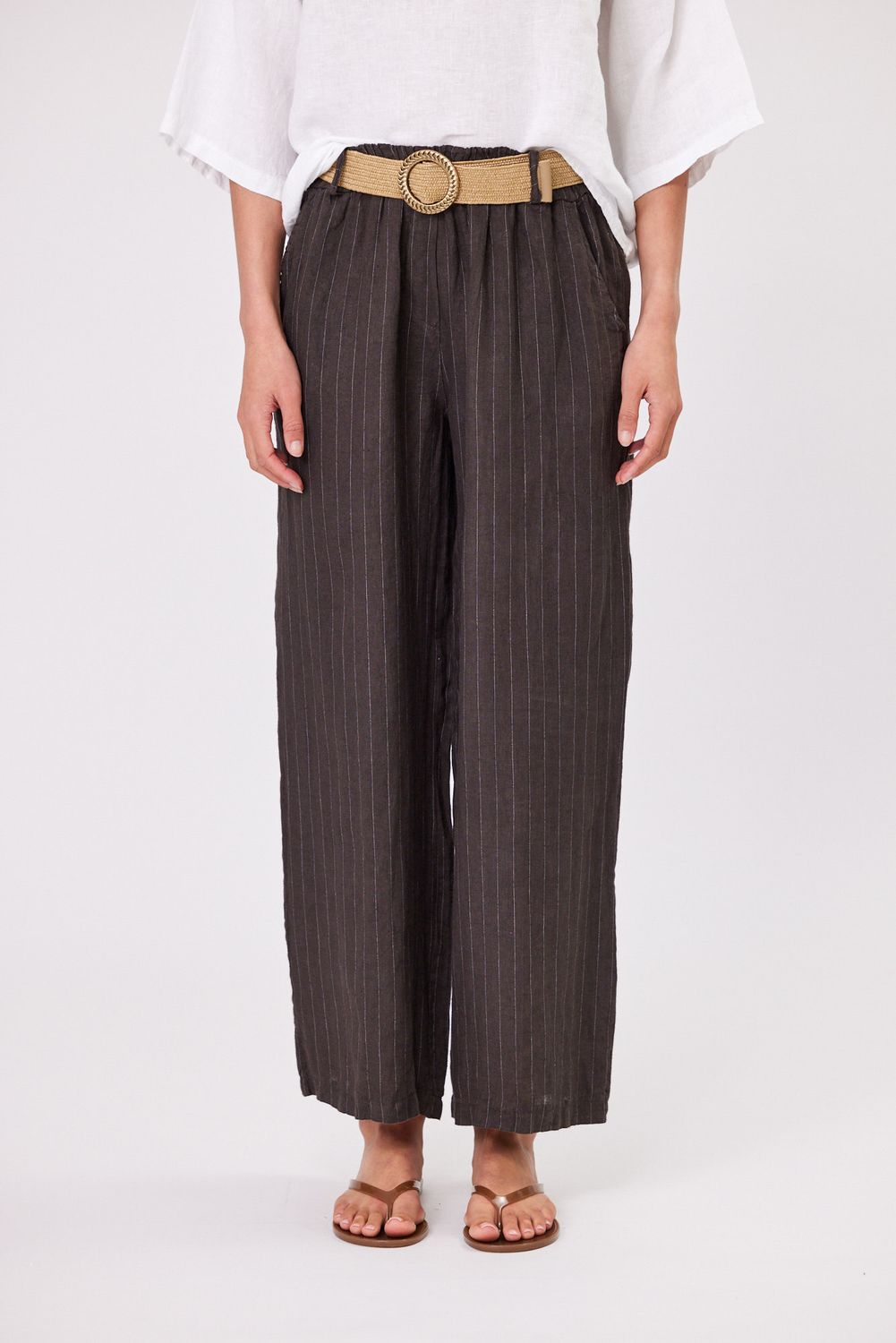 ITALIAN AFFAIR Stripe Pant, Fabric: 100% Linen, Size: S, colour: Chocolate
