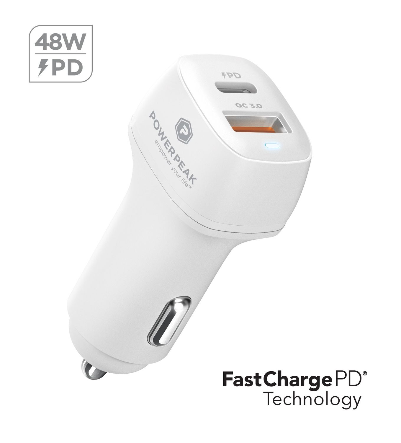 PowerPeak Dual Port Fast Charge PD Car Charger 48W USB C+A - White