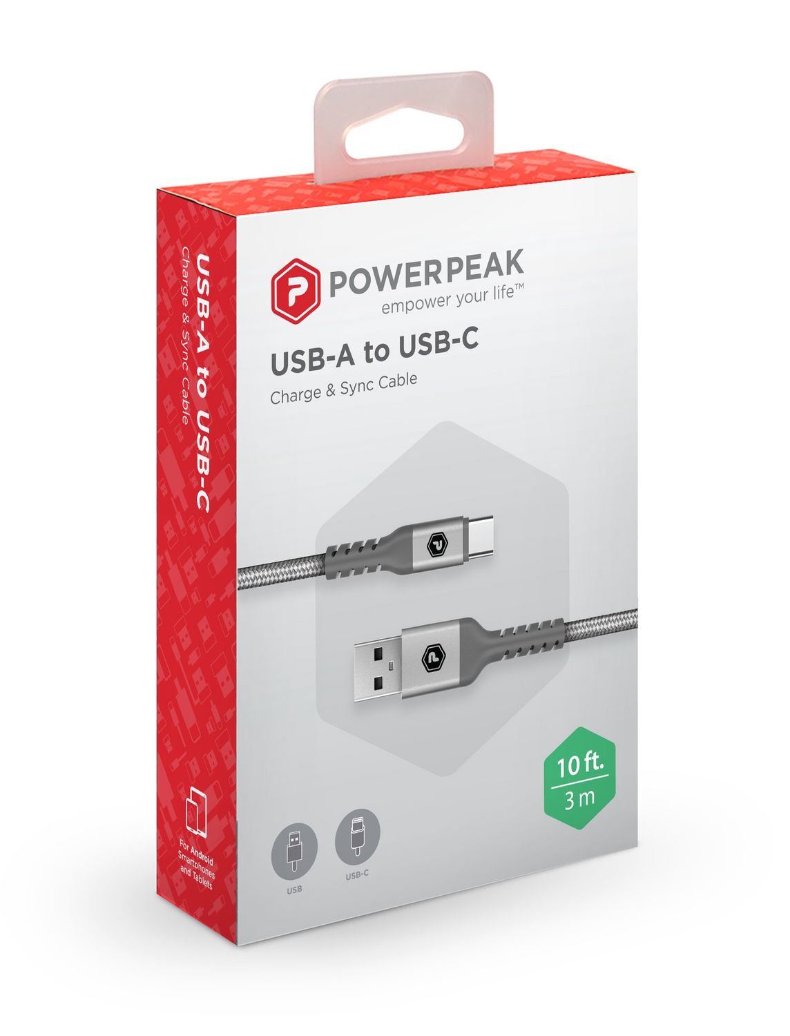 PowerPeak 10ft Braided Nylon USB-A to USB Type-C Charge &amp; Sync Cable - Silver