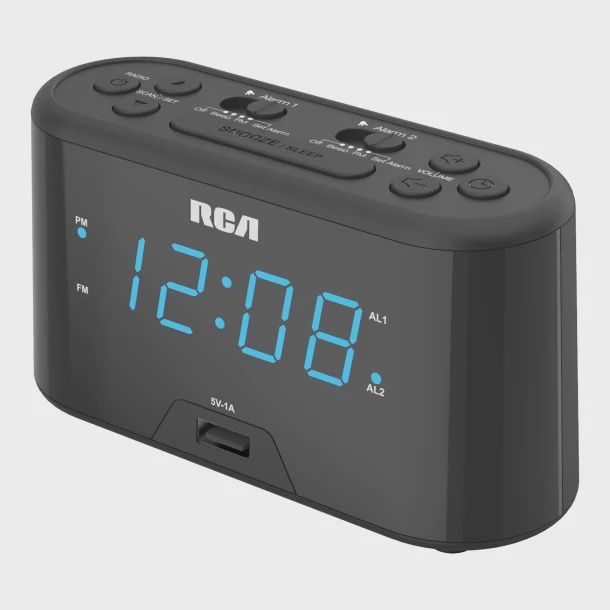 RCA Digital Radio Alarm Clock with Large Numbers and USB Charging