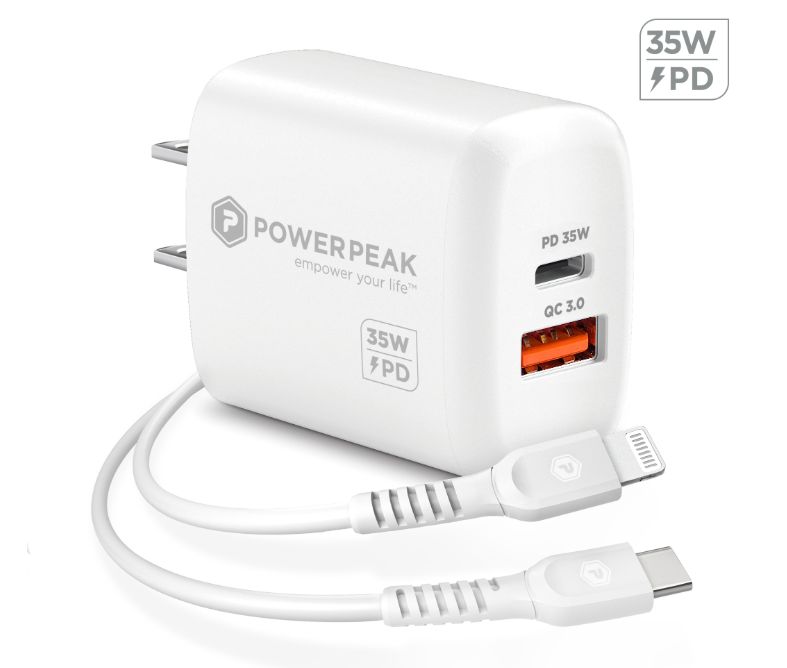 PowerPeak 35W Dual Port PD Fast Charge Wall Charger with USB-C to Lightning Cable