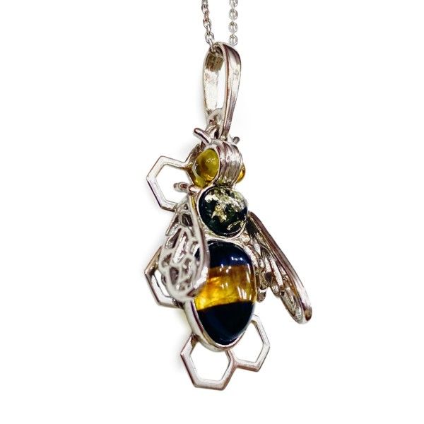 Anhänger Bienenwaben mit  Bernstein Biene, St. Silber 925