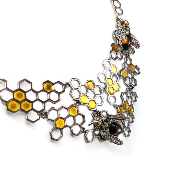 Collier Bienenwaben mit 2 Bienen in St. Silber 925
