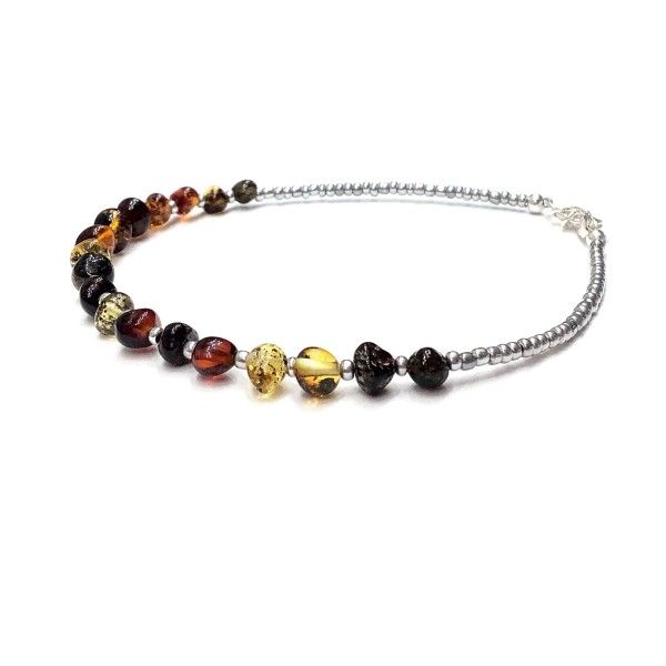 Fußkette roher Bernstein Mix mit silberfarbigen Boho-Perlen