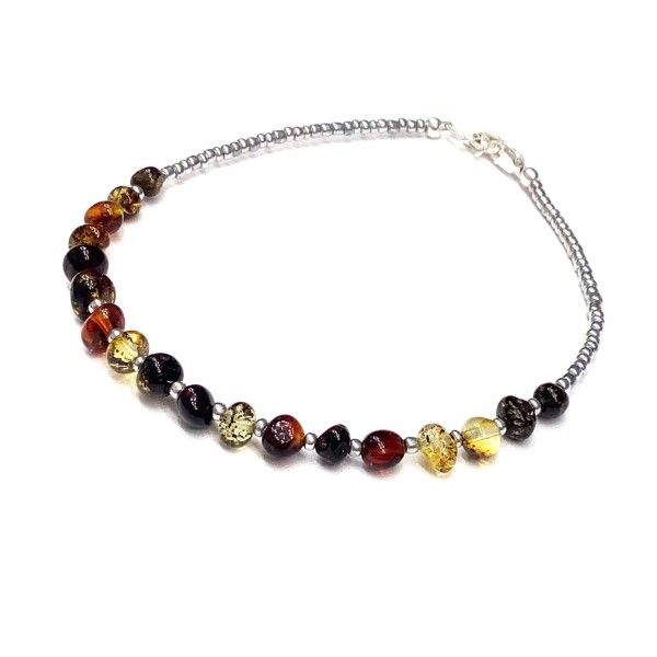 Fußkette roher Bernstein Mix mit silberfarbigen Boho-Perlen