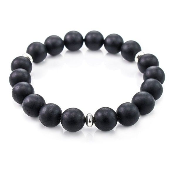 Armband Bernstein Kugeln 9.5mm, schwarz matt, St. Silber 925
