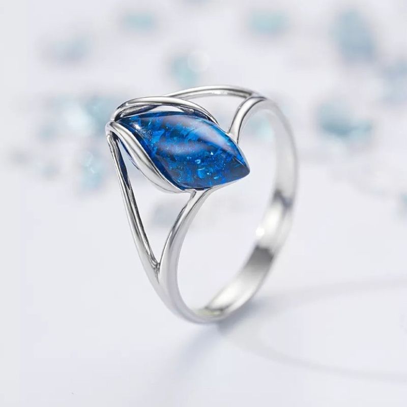 Ring Tropfen St. Silber 925, Edler blauer Bernstein (Mexico)