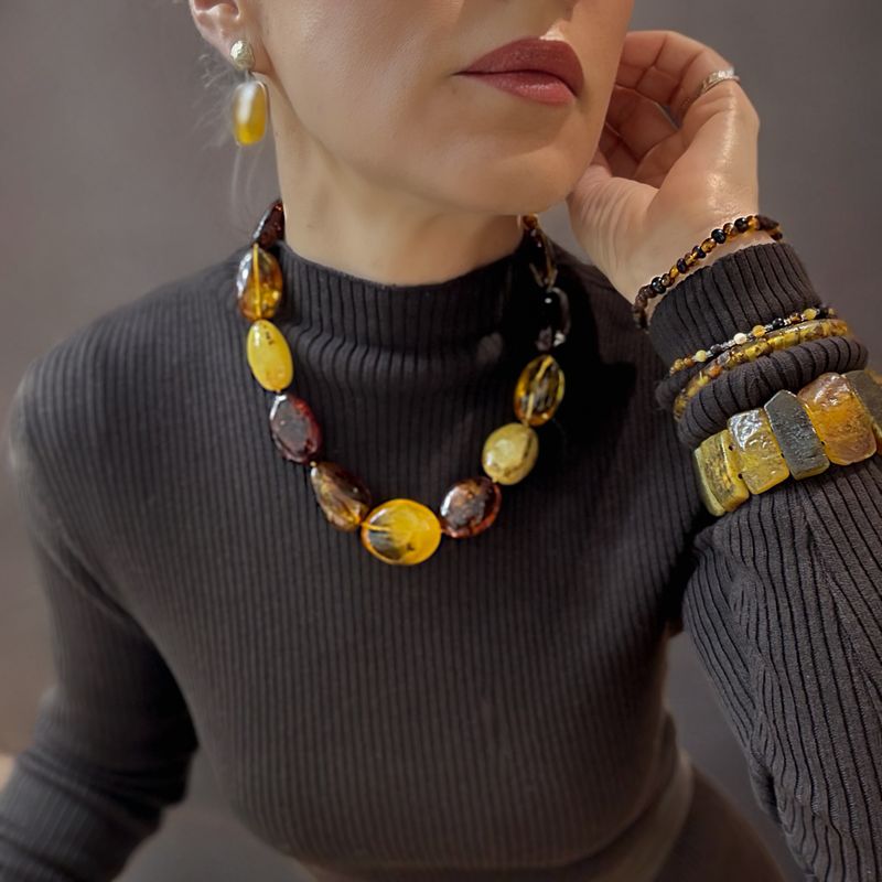 XXL Bernsteinkette mit Einschlüssen, riesige Oliven Farben Mix, 53cm