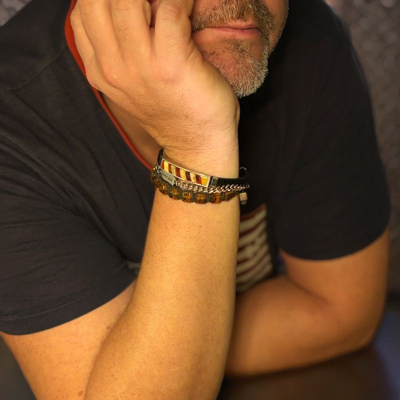 Armband Bernstein Mosaik, Leder, Edelstahl