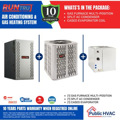 RUNTRU by Trane 40,000 BTU 95% 2 Stage Multi-Position Furnace, 1.5 Ton 15 SEER AC Condenser, and 17.5" Multi-Position Cased Coil