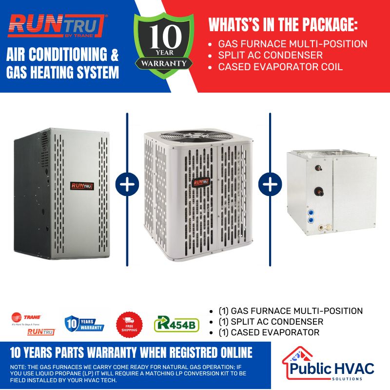 RUNTRU by Trane 120,000 BTU 95% Single Stage Upflow/Horizontal Furnace, 5 Ton 15 SEER AC Condenser, and 24" Multi-Position Cased Coil