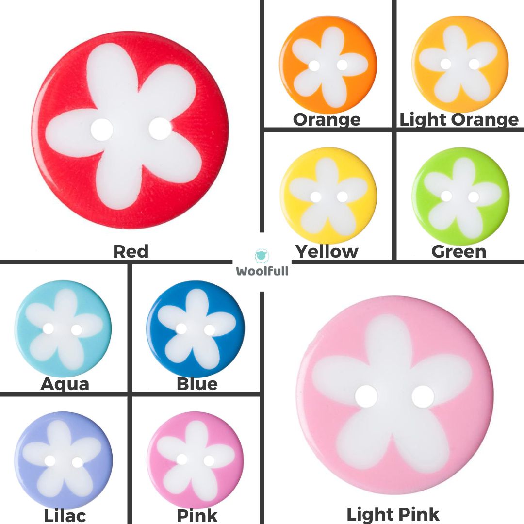 The 10 shades of brightly coloured round buttons with a white flower design in the centre of each.