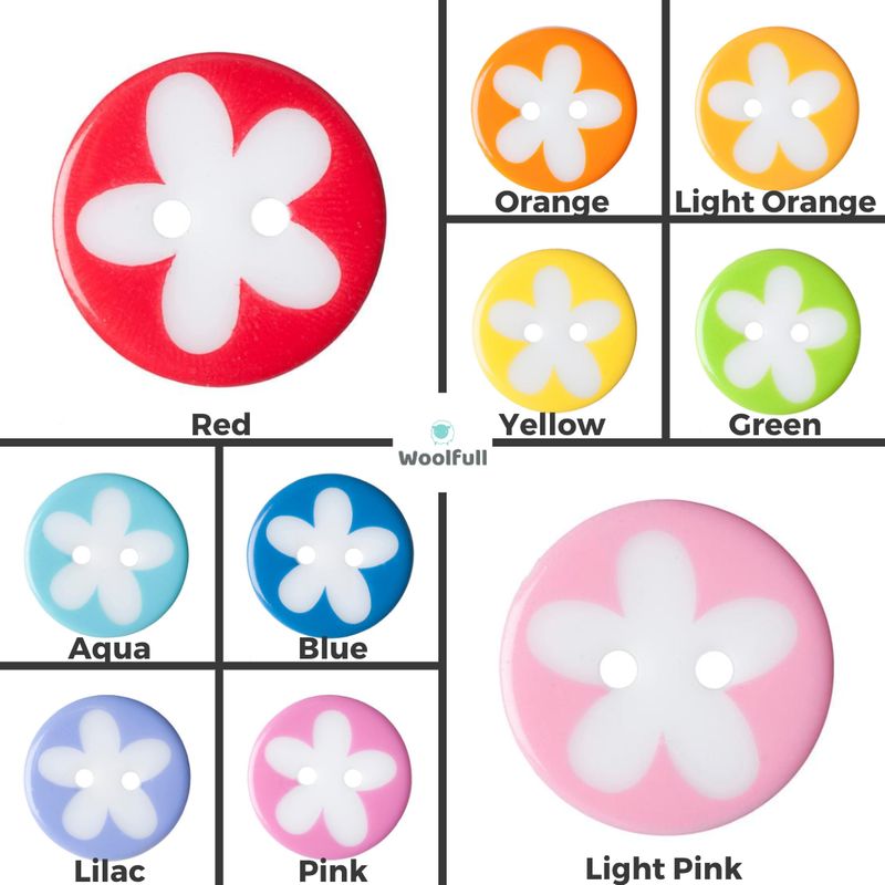 The 10 shades of brightly coloured round buttons with a white flower design in the centre of each.