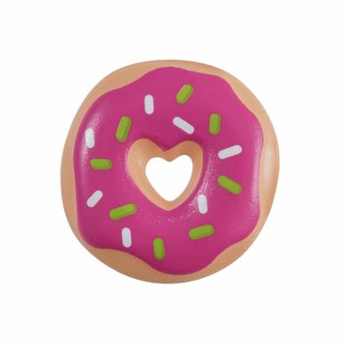 A round pink donut shaped button.