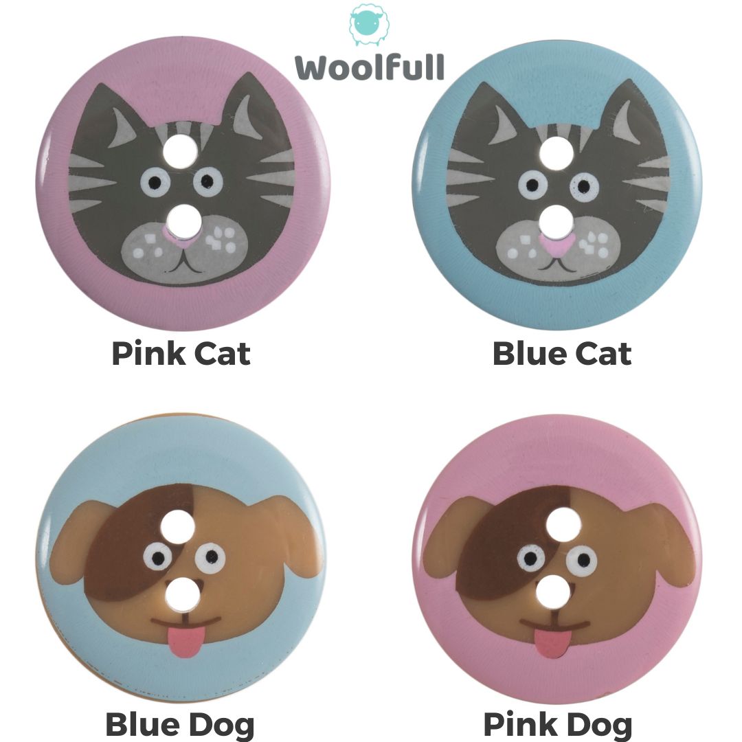 A pink button with a cat on it, a blue button with a cat on it, a blue button with a dog on it and a pink button with a dog on it.