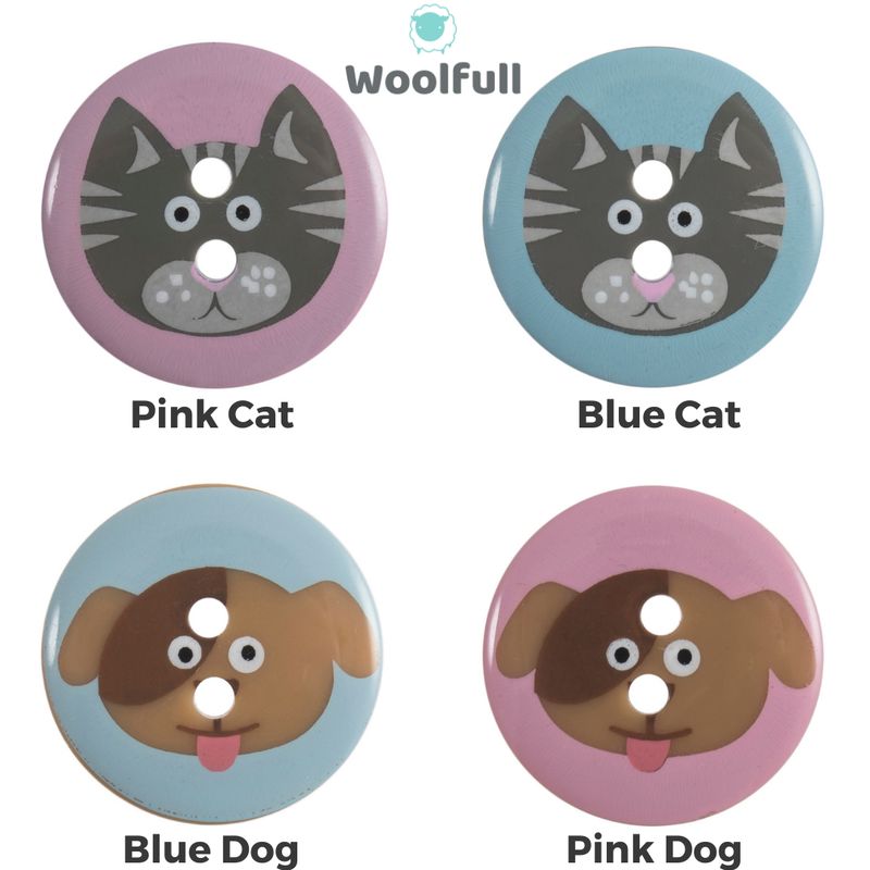 A pink button with a cat on it, a blue button with a cat on it, a blue button with a dog on it and a pink button with a dog on it.