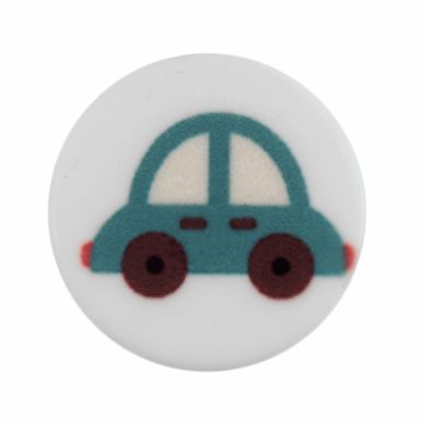 A round white button with a blue car design on it.