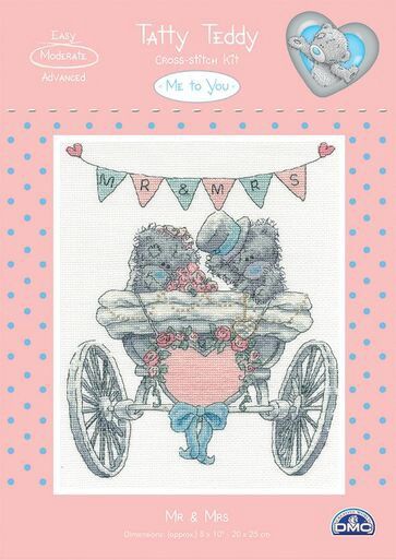 A cross stitch of two grey bears in a car with &quot;Mr &amp; Mrs&quot; bunting above them.