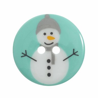 A round mint green button with a white and grey snowman design on it.