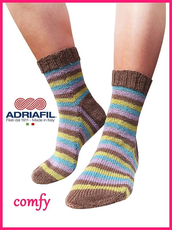 A pair of knitted socks in brown, blue, purple and green stripes.