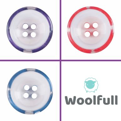 3 clear buttons, each with a coloured rim. One is purple, one is red and one is blue.
