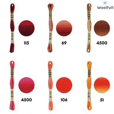 A shade card showing 6 of the available shades, in variegated reds and oranges.