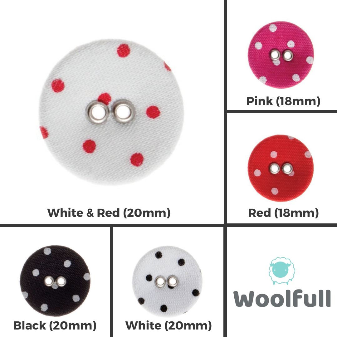 A shade card showing the 5 shades of spotty fabric covered buttons.