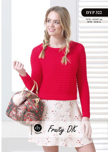 A woman is wearing a red knitted sweater.