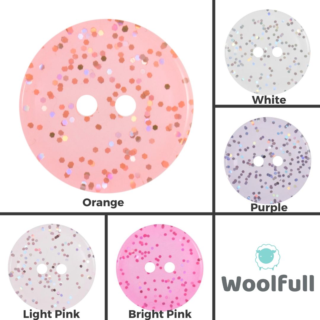 A shade card showing the 5 shades of transparent glitter buttons.