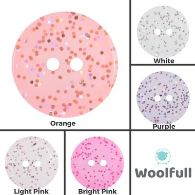 A shade card showing the 5 shades of transparent glitter buttons.