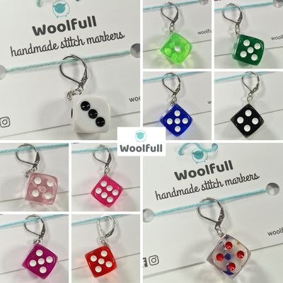 A shade card showing the 10 available colours of dice stitch markers.