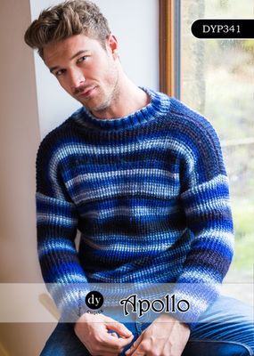 A man is wearing a knitted sweater in a variegated blue yarn.