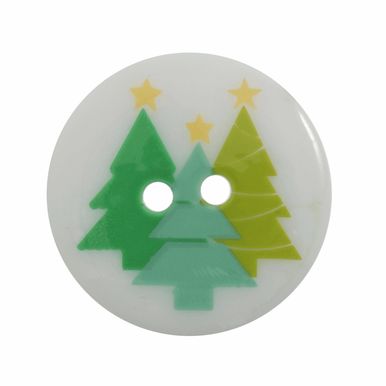 A white button with three cartoon trees on it.
