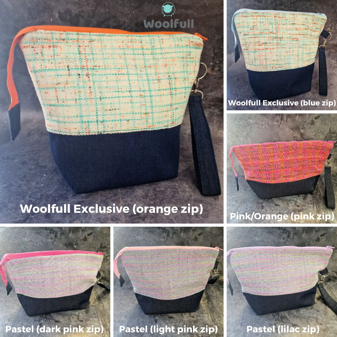 A shade card showing the different colours of woven bags. 2 of them are cream, blue and orange, 1 is pink and orange and 3 of them are pastel pink, purple, green and blue. All the bags have a denim base.