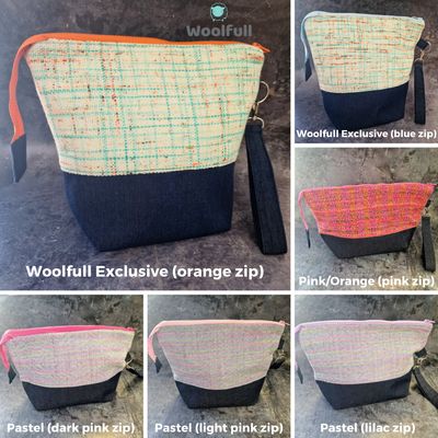 A shade card showing the different colours of woven bags. 2 of them are cream, blue and orange, 1 is pink and orange and 3 of them are pastel pink, purple, green and blue. All the bags have a denim base.