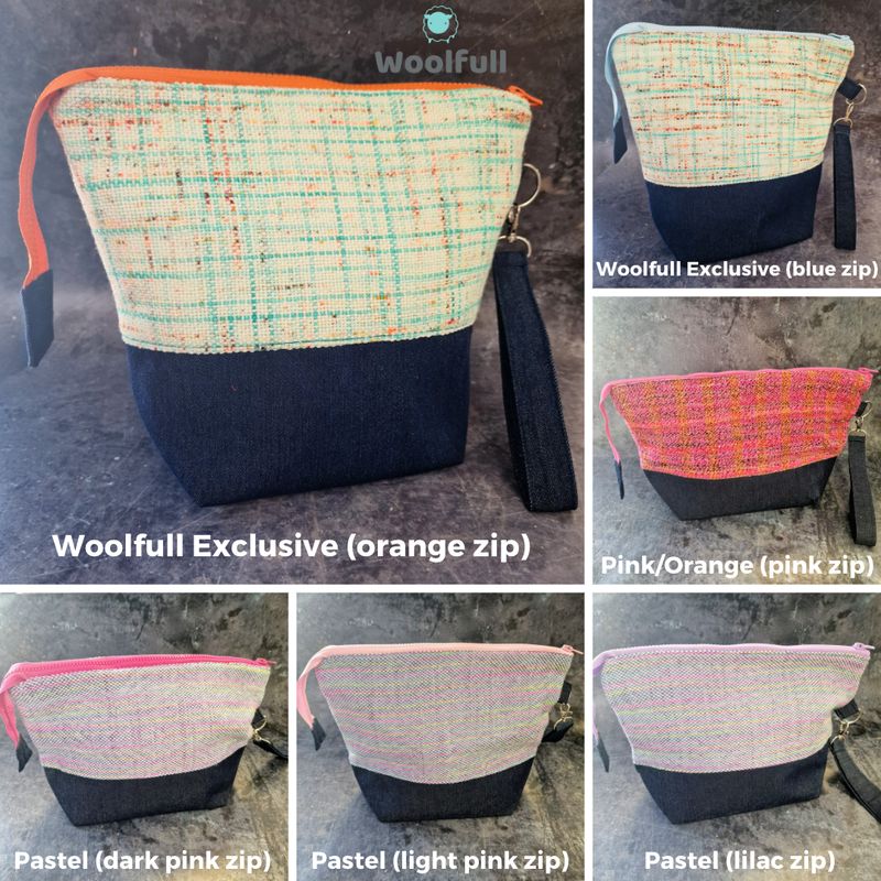 A shade card showing the different colours of woven bags. 2 of them are cream, blue and orange, 1 is pink and orange and 3 of them are pastel pink, purple, green and blue. All the bags have a denim base.