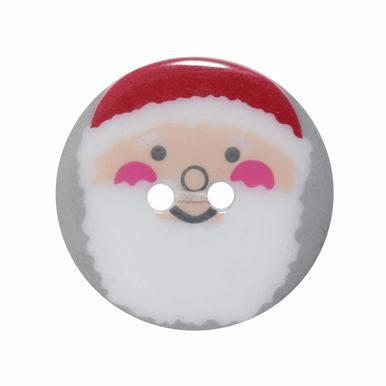 A grey button with a cartoon Santa design on it.