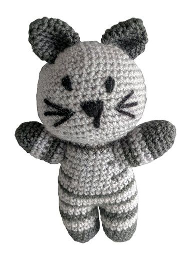 A grey crocheted cat toy.