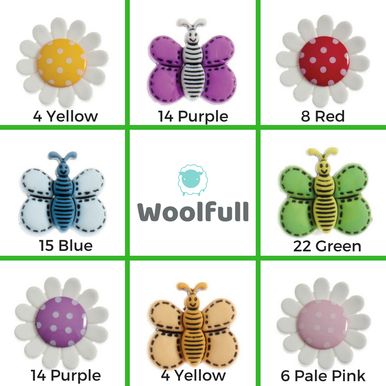 4 butterfly shaped buttons in purple, blue, green and yellow, as well as 4 flower shaped buttons in yellow, red, purple and pink.