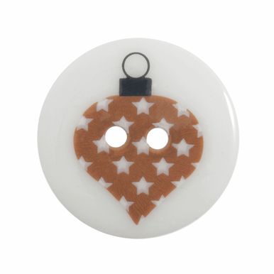A white button with a cartoon bauble on it.