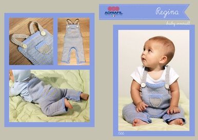 A baby is wearing blue knitted overalls.